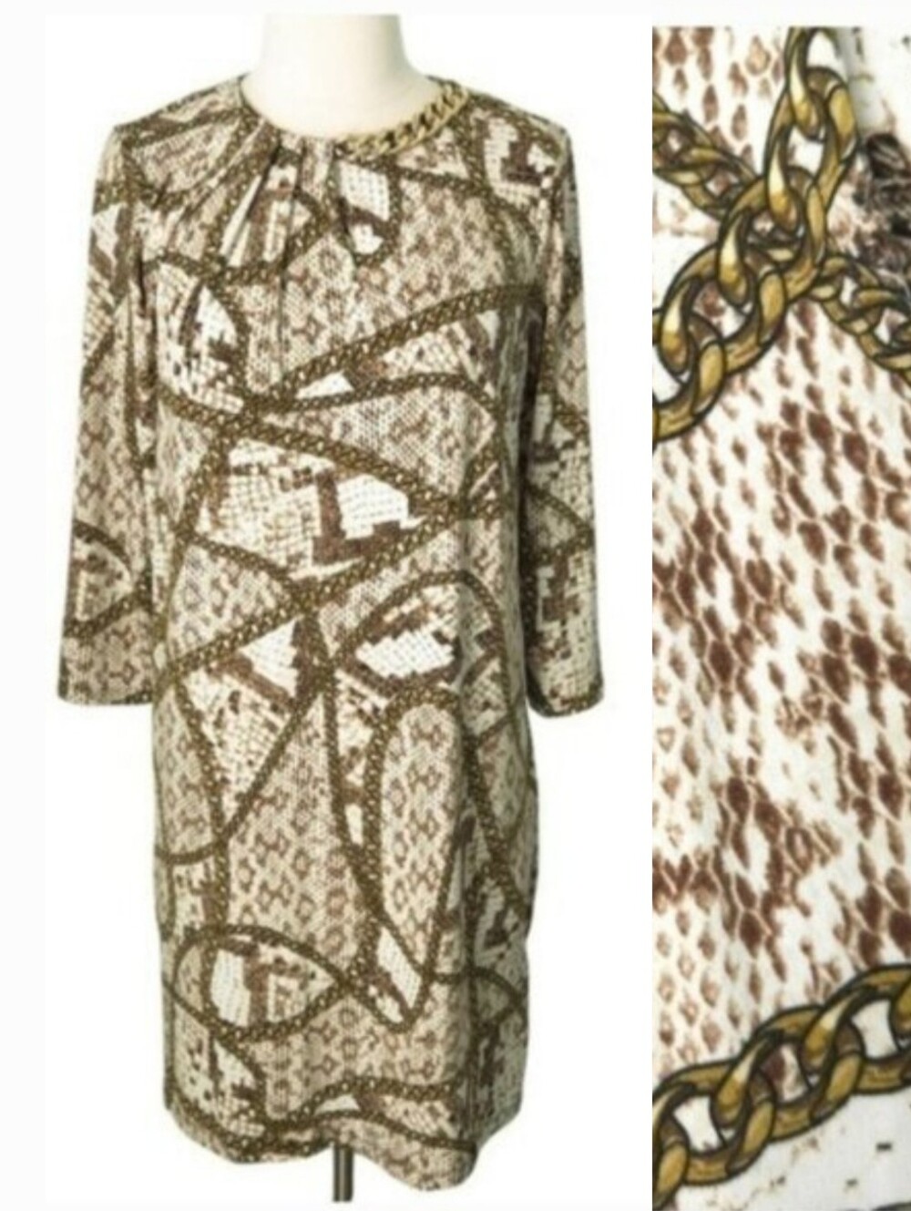 NWOT Michael Kors Chain & Snakeskin Pattern White Brown 3/4-Sleeve Dress- Small